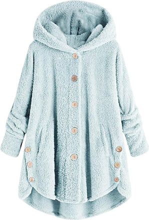 Generic Plus Size Fleece Bed Jacket for Women Soft Fuzzy Button Hooded Lightweight Winter Lounge Coat Outerwear (Sky blue,3XL)