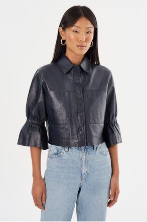 LaMarque Carolina | Leather Ruffle Sleeve Jacket in Navy at Nordstrom, Size Xx-Small