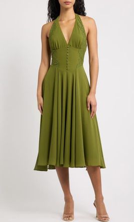 House of CB Coco Olive Georgette Lace Fit & Flare Midi Dress at Nordstrom, Size X-Large