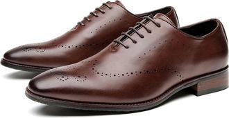 Generic Formal Dress Shoes for Men Lace Up Brogue Embossed Wing tip Burnished Toe Vegan Leather Low Top Block Heel Slip Resistant Rubber Sole Classic(Brown,6.