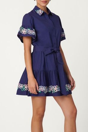 Shoshanna Beaded Cotton Poplin Lima Dress in Navy at Nordstrom, Size X-Small