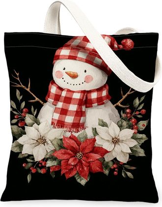 Generic Snow Man Canvas Tote Bags, Holiday Floral Pattern Reusable Shopping Bags, Lightweight Washable Shoulder Strap Canvas for Travel Beach Picnic 13x15 Inc
