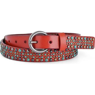 OLD TREND Amazonite Genuine Leather Studded Stitched Detail Belt in Cognac at Nordstrom, Size Medium