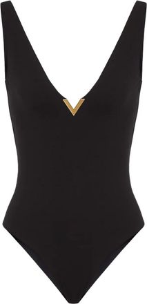 Valentino Garavani logo-plaque V-neck swimsuit - women - Spandex/Elastane/Spandex/Elastane/Polyamide/Polyamide - S - Black