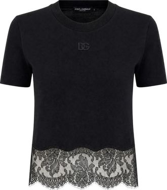 Dolce & Gabbana Jersey T-shirt met kant - Dames - T-shirts - Zwart - XS - Katoen - Tops