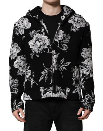 Dolce & Gabbana Black Wool Floral Printed Men Hooded Mens Jacket