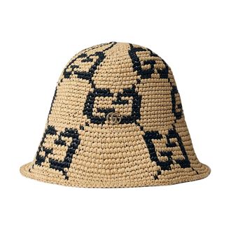Gucci Hats, female, Brown, Size: M Logo motif raffia bucket hat