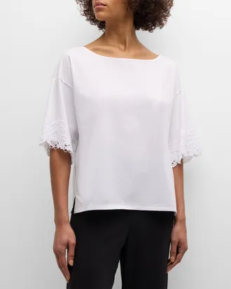 Natori Bliss Harmony Lace-Trim Elbow-Sleeve T-Shirt
