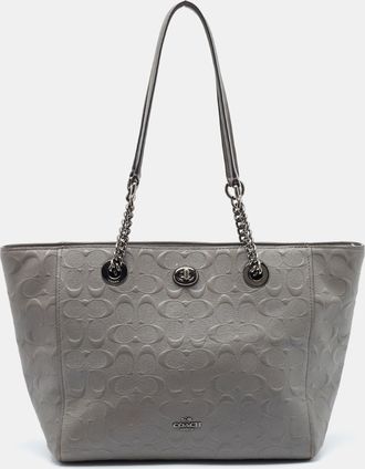 Coach Grey Signature Embossed Leather Turnlock Chain Tote