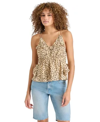 Steve Madden Mina Top Womens Desert Sand Ruffle Trim V-Neck Blouse PALL62