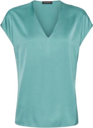 Elena Miro Blouse van satijn met V-hals en korte mouwen - Dames - Blouses - Blauw - 5XL - Satijn - Overhemden