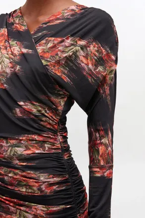 Ganni Black Floral Ruched Dress - Size 32 Viscose