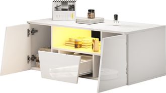 STILVORA Mesa De Centro Con 2 Armarios Y 1 Caj&oacute;n Y Led, Acabado Brillo, Estilo Moderno, En Tablero De Part&iacute;culas, 100&times;50&times;40 Cm, Blanco