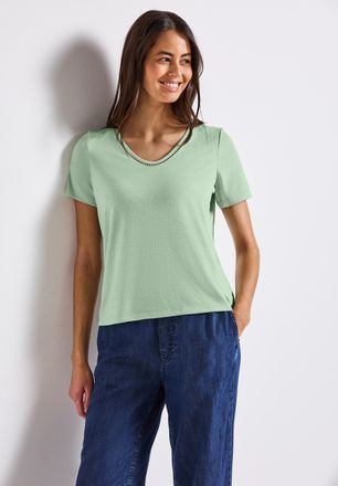 Street One T-Shirt STREET ONE, Damen, Gr. 38, gr&uuml;n (soft jade gr&uuml;n), Jersey, Obermaterial: 80% Polyester, 20% Viskose, unifarben, normal h&uuml;ftbedeckend, Rundhals,