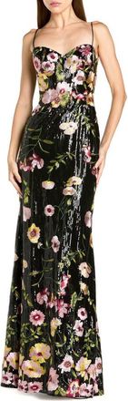 Mac Duggal Sleeveless Bustier Floral Applique Gown in Black Multi at Nordstrom, Size 12