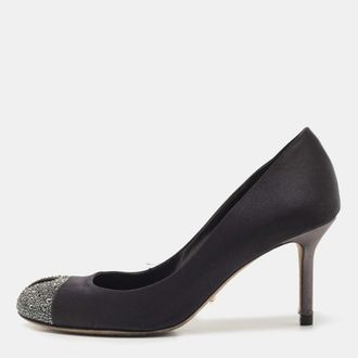 Sergio Rossi Black Satin Crystal Embellished Cap Toe Pumps