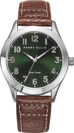 Perry Ellis Easy Read Solar Leather Strap Watch, 41mm in Silver at Nordstrom Rack