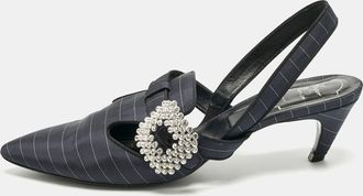 Roger Vivier Navy Blue Fabric Crystal Embellished Slingback Pumps