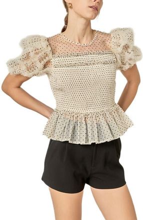English Factory Dot Puff Sleeve Peplum Top in White/Black at Nordstrom, Size Medium