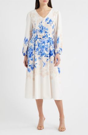 Tahari by ASL Placed Floral Long Sleeve Dress in Ivory Blue at Nordstrom, Size 10