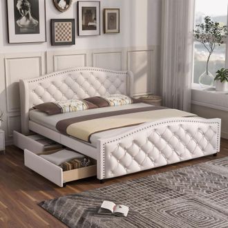 C&A White Upholstered Bed 135x190cm with Slatted Frame,Drawers,and Riveted Headboard-Youth/Guest Bed