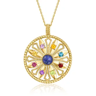 Ross-Simons Lapis and. Multi-Gemstone Flower Pendant Necklace in 18kt Gold Over Sterling