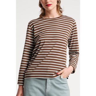 Frances Valentine Long Sleeve Striped Tee Shirt Stripe 100% Pima Cotton in Chocolate/light Blue at Nordstrom, Size X-Small