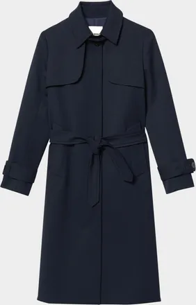 Sandro Navy Pleated-Back Belted Trench Coat