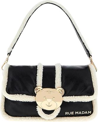 Rue Madam Zwarte vegan leren schoudertas met teddybeer sluiting - Dames - Handtassen - Zwart - ONE Size - Katoen - Tassen