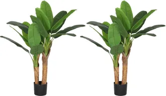 HOMCOM Set De 2 Plantas Artificiales Bananero 120 Cm Con Maceta Y 15 Hojas Plantas Decorativas Para Interior Verde - Homcom