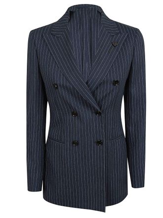 Lardini Double-Breasted Blue Pinstriped Linen Jacket with Wide Lapel