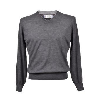 Brunello Cucinelli Gray Virgin Wool V-Neck Sweater, Brand Size 48 (US Size 38)