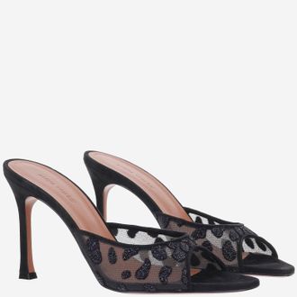 Amina Muaddi Womens Mesh Slipper Alexa Black Glitter Leopard Leather And