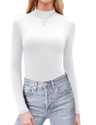 Zeagoo Long Sleeve Top for Women Soft Stretch Turtle Neck T Shirts Slim Fit Base Layer Stretch Top Lightweight Thermal Shirts Basic Polo Roll Neck Tops White
