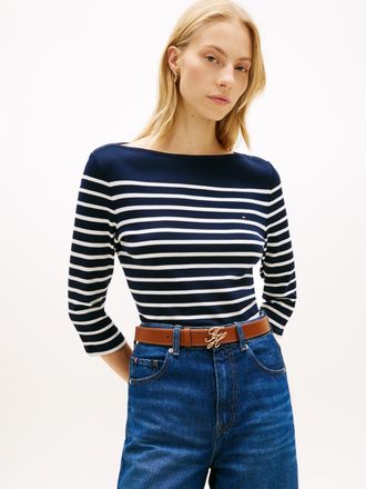 Tommy Hilfiger 3/4-Arm-Shirt TOMMY HILFIGER NEW CODY SLIM BOAT-NECK, Damen, Gr. L (42/44), schwarz night navy, ecru stripe, Jersey, Obermaterial: 100% Baumwolle, ges
