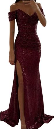 Generic Evening Dresses for Women UK Sequins Wedding Guest Bridesmaid Maxi Dress Off The Shoulder High Split Floor Length Prom Ball Gowns Sparkly Glitter Part