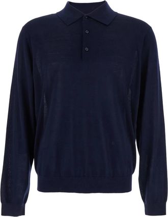 Sunflower Blauw poloshirt met klassieke kraag en geribbelde boorden in wol- heren - Heren - Polos - Blauw - M - Wol - Tops