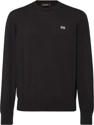 Dsquared2 Zwarte Katoenen T-shirt met Logopatch - Heren - Ronde hals truien - Zwart - S - Katoen - Truien & Vesten