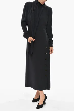 Prada Maxi Tie-Neck Dress with Gold-Effect Jewel Buttons Prada