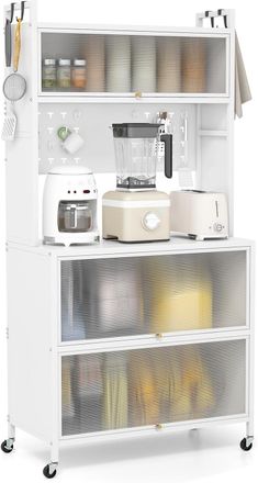 Costway Credenza Alta Per Cucina Con 5 Ripiani E 3 Ante A Ribalta Traslucide, Mobile Cucina Con Ruote E Panello A Ganci, Armadio Cucina Porta Microonde, Per S