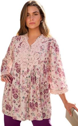 Roaman's Plus Size Juliet Lace Trim Button Down Shirt in Lilac Whimsical Floral at Nordstrom, Size 34