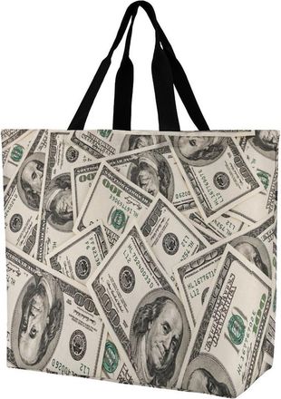 Generic Money American Hundred Dollar Bills Reusable Grocery Bag Large Capacity Foldable Shopping Tote with Inner Pocket