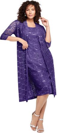 Roaman's Plus Size 3/4 Sleeve Formal Duster Sequin Embellished Lace Dress Set in Midnight Violet at Nordstrom, Size 34
