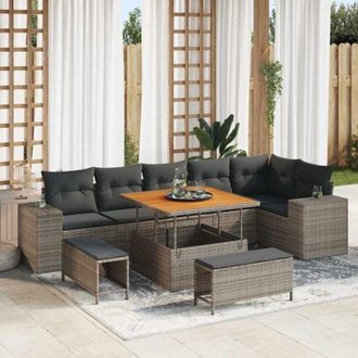 vidaXL Conjunto De Sof&aacute; De Jard&iacute;n Con Coj&iacute;n 9 Pcs Gris Rat&aacute;n Sint&eacute;tico Vidaxl