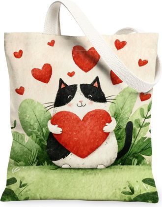 Generic Heart Cat Canvas Tote Bags, Cute Animal Love Pattern Reusable Grocery Bags, Spring Floral Lightweight Washable Shoulder Str, Multicolor, 13x15 Inch