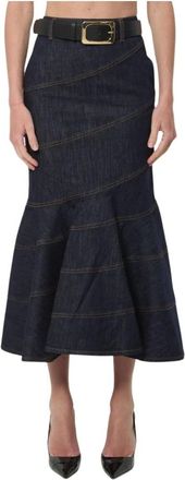 Self Portrait Indigo Denim Midi Rok met Riem - Dames - Spijkerrokken - Blauw - XS - Denim - Rokken