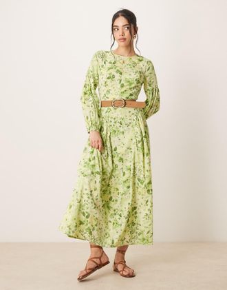 Asos Vestito lungo in lino verde con stampa a fiori e godet in voile-Multicolore