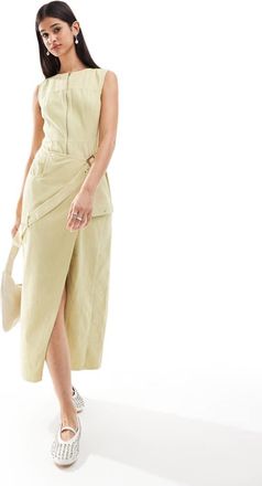 Asos twill slit hem midi dress with buckle in stone acid wash-Multi