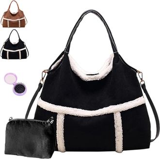 Generic Women Suede Tote with Faux Lamb Wool Lined, Sherpa Tote, Sherpa Bag, Vintage Large Capacity Plush Shoulder Bag Work Travel (Black)