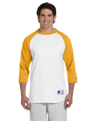 Champion Mens Raglan Baseball T-Shirt, White/C Gold, Medium